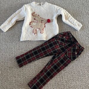 Zara Kids Knit Rudolf Red Black Plaid Holiday Sweater Pants 3 4 Cream